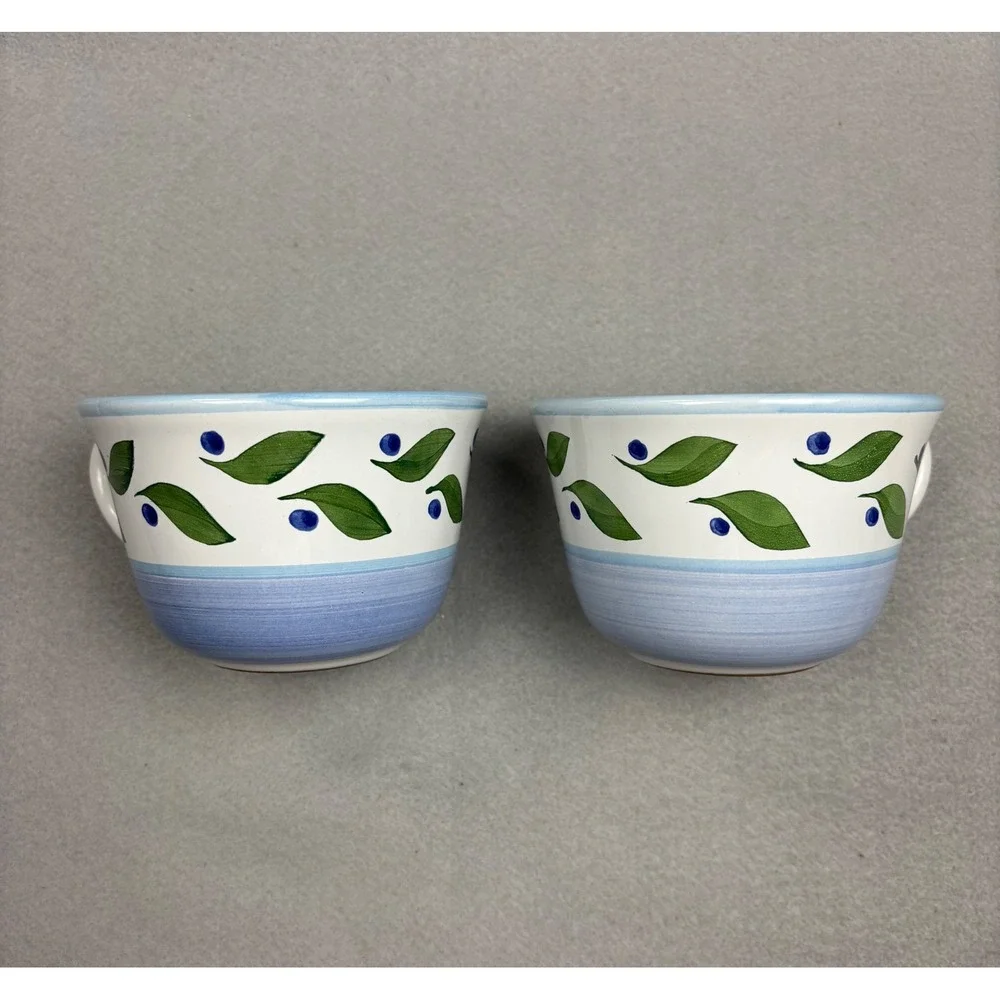 Williams Sonoma Italy Blue Olive Branch Teacups & Saucers Set of 2 Vintage